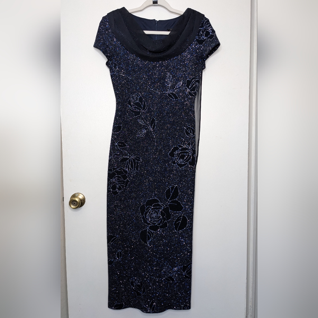 Sparkly Glitter Vintage 90s Formal Navy Blue Dress Mother Of Bride Size 6 Medium